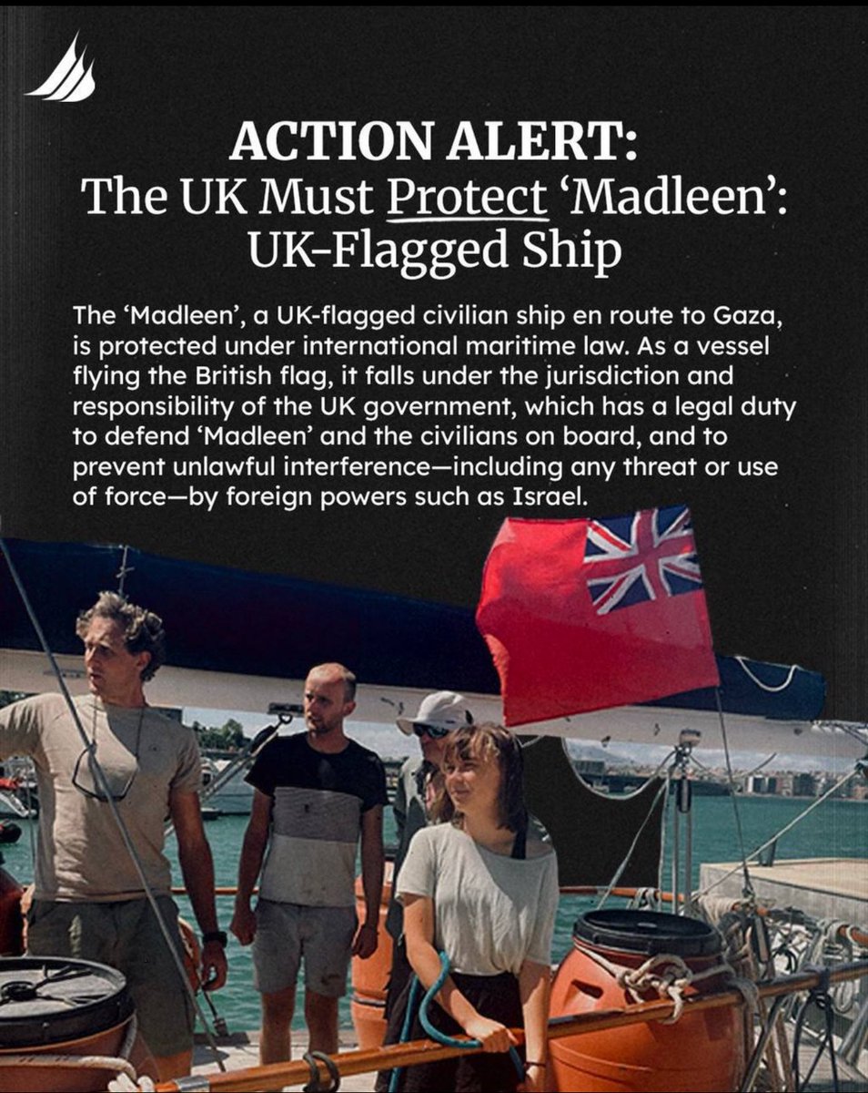BREAKING <a href="/FranceskAlbs/">Francesca Albanese, UN Special Rapporteur oPt</a> ASKS FOR UK TO INTERVENE AS THE MADLEEN IS A UK VESSEL

“As the Madleen was reportedly intercepted and seized by Israeli forces in int'l waters, the UK gov must urgently seek full clarification and secure the immediate release of the vessel &amp; its crew.

The
