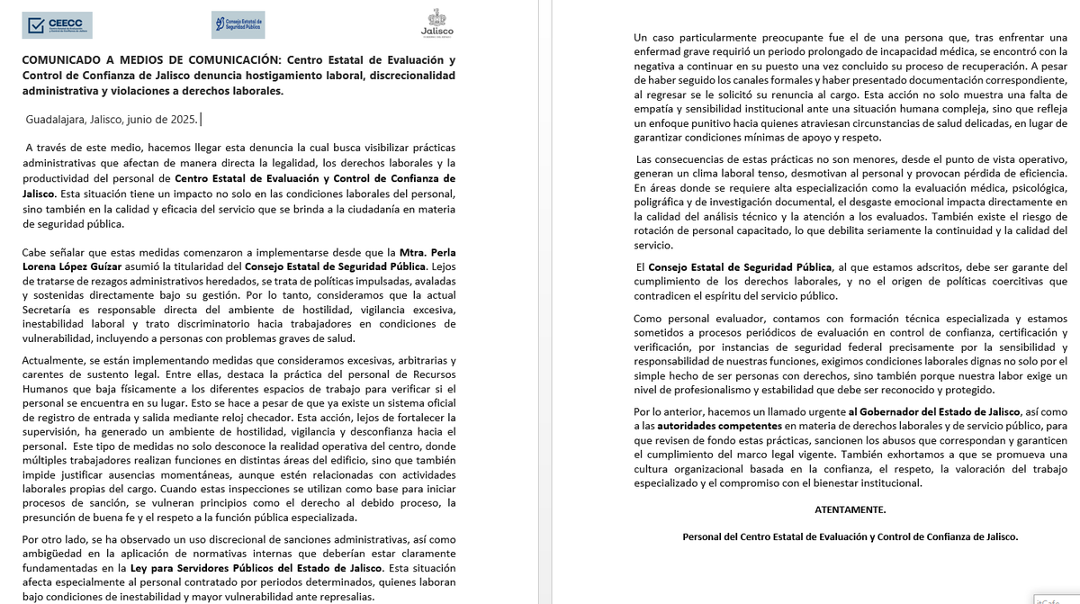 C3Jalisco's tweet photo. Centro Estatal de Evaluación y Control de Confianza de Jalisco denuncia hostigamiento laboral, discrecionalidad administrativa y violaciones a derechos laborales. https://t.co/qVr9l5y90G