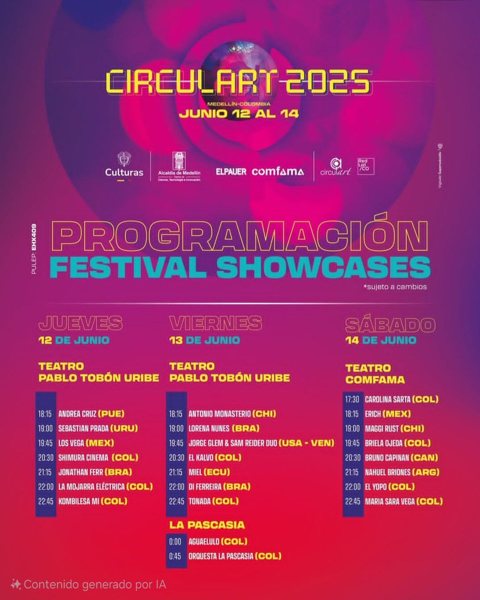 Nos vemos este jueves en los Showcases de <a href="/Circulart_/">CIRCULART</a> en el <a href="/Teatropablot/">Teatro Pablo Tobón Uribe</a>. Tocamos a las 8:30pm. Vamos a ver también a todas las bandas. Celebremos el mercado musical de Medellín. 
¡No olviden registrarse!