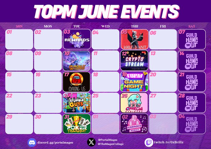 This is our TOPM June Events Calendar!

Everyone is welcome to join in our community!

Many web3 games to (P2E) &amp; more giveaways $POL rewards! 

Follow us: 

<a href="/PortalMages/">The Order of Portal Mages | TOPM</a> 
<a href="/TheMagesCollege/">The Mages College | TOPM 🏰</a>