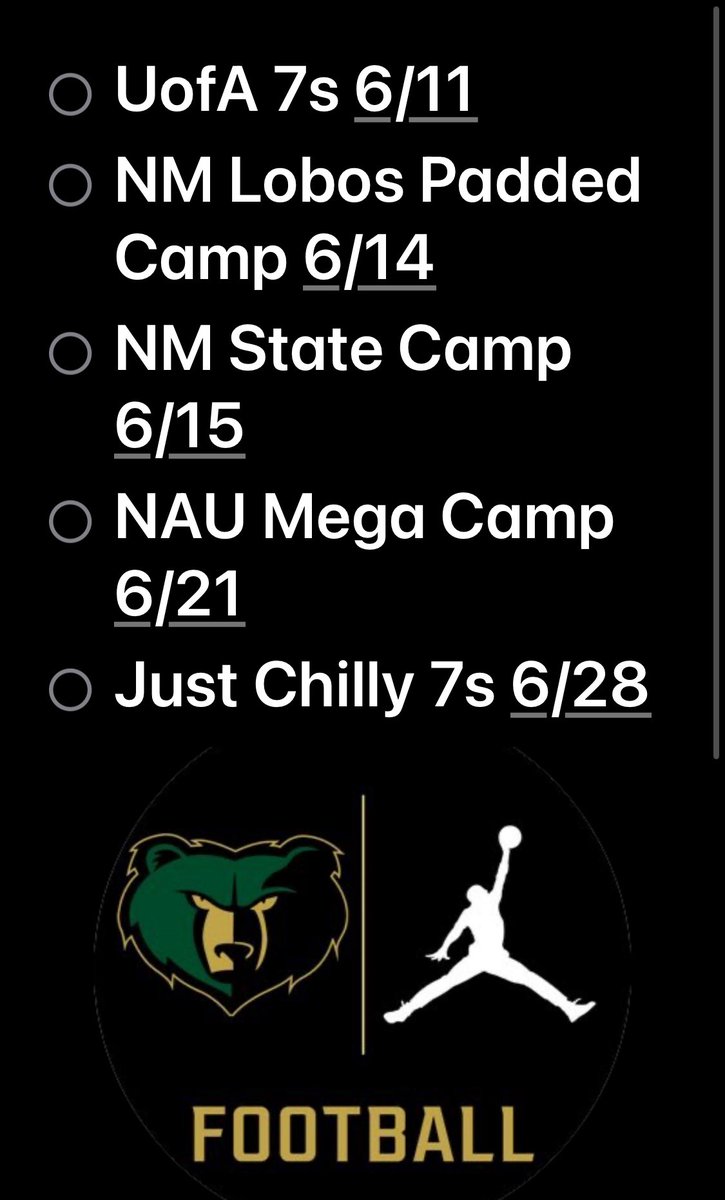 Jaden Burrell (@jadenburrell33) on Twitter photo This is my schedule for the month of June
<a href="/ArizonaFBall/">Arizona Football</a>
<a href="/CoachBobbyWade/">Bobby Wade</a>
<a href="/UNMLoboFB/">New Mexico Football</a>
<a href="/ColinLockett15/">Coach Lock 💎</a>
<a href="/NMStateFootball/">New Mexico State Football</a>
<a href="/coachC_Cormier/">Cedric Cormier</a>
<a href="/NAU_Football/">NAU Football</a>
<a href="/TimRoschmann/">Tim Roschmann</a>
<a href="/JUSTCHILLY/">Just Chilly</a>
<a href="/PrepRedzoneAZ/">Prep Redzone Arizona</a>
<a href="/BJMedia1/">BJ Media</a>
<a href="/bashagridiron/">Basha Gridiron</a>
<a href="/RecruitingBasha/">Basha HS Football Recruiting</a> <a href="/CodyTCameron/">Cody Cameron</a> This is my schedule for the month of June
<a href="/ArizonaFBall/">Arizona Football</a>
<a href="/CoachBobbyWade/">Bobby Wade</a>
<a href="/UNMLoboFB/">New Mexico Football</a>
<a href="/ColinLockett15/">Coach Lock 💎</a>
<a href="/NMStateFootball/">New Mexico State Football</a>
<a href="/coachC_Cormier/">Cedric Cormier</a>
<a href="/NAU_Football/">NAU Football</a>
<a href="/TimRoschmann/">Tim Roschmann</a>
<a href="/JUSTCHILLY/">Just Chilly</a>
<a href="/PrepRedzoneAZ/">Prep Redzone Arizona</a>
<a href="/BJMedia1/">BJ Media</a>
<a href="/bashagridiron/">Basha Gridiron</a>
<a href="/RecruitingBasha/">Basha HS Football Recruiting</a> <a href="/CodyTCameron/">Cody Cameron</a>