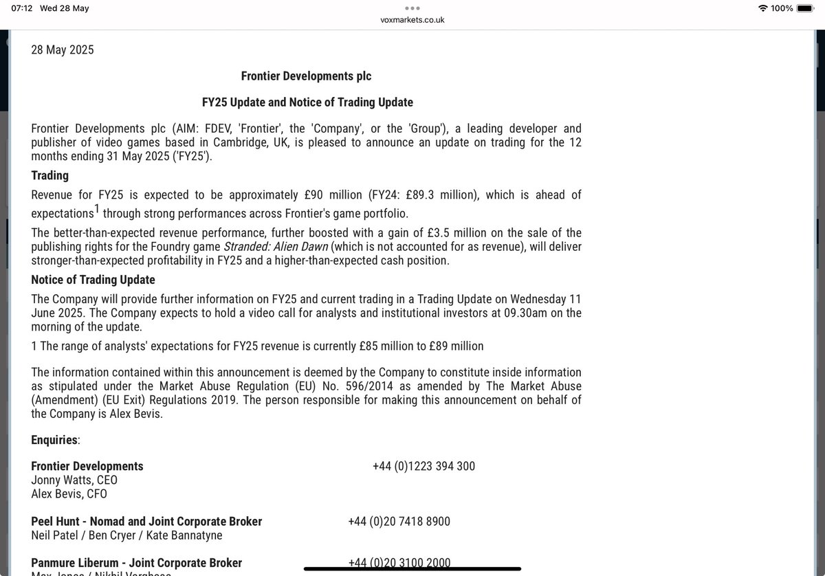 reb40's tweet image. #FDEV I’d rather forgotten about Frontier Developments so this is a timely slightly ahead of expectations TU👍

Looks like things are improving &amp;amp; I see that the shares are, like so many small caps, +15.1% over the last month 👀