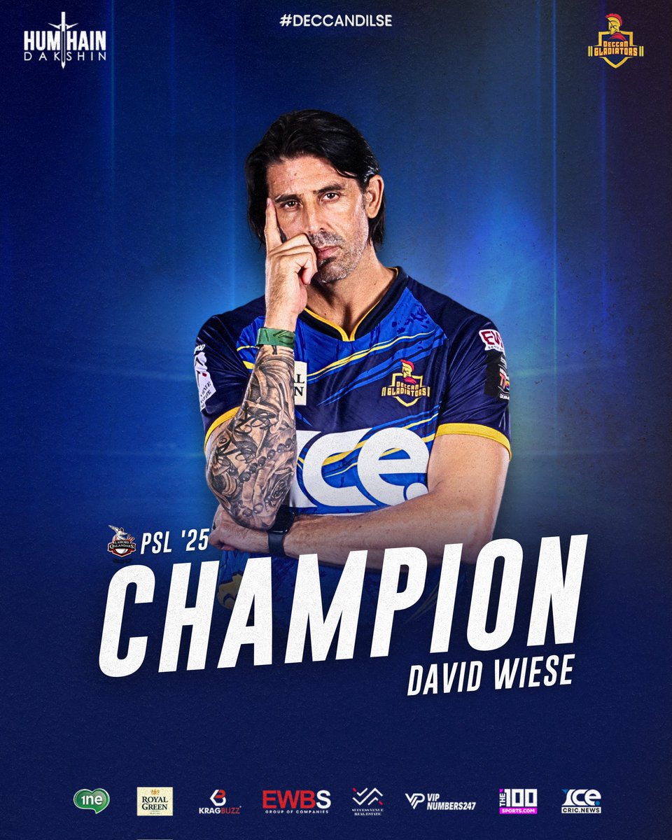 Deccan Gladiators (@teamdgladiators) on Twitter photo David Wiese does it again 🏆
Congratulations to our big-man wonder on winning <a href="/thePSLt20/">PakistanSuperLeague</a> with <a href="/lahoreqalandars/">Lahore Qalandars</a> 💫👏
#AbuDhabiT10 #ADT10 #CricketsFastestFormat #InAbuDhabi #DeccanDilSe #davidwiese #psl #lahoreqalandars #deccangladiators <a href="/David_Wiese/">David Wiese</a> David Wiese does it again 🏆
Congratulations to our big-man wonder on winning <a href="/thePSLt20/">PakistanSuperLeague</a> with <a href="/lahoreqalandars/">Lahore Qalandars</a> 💫👏
#AbuDhabiT10 #ADT10 #CricketsFastestFormat #InAbuDhabi #DeccanDilSe #davidwiese #psl #lahoreqalandars #deccangladiators <a href="/David_Wiese/">David Wiese</a>