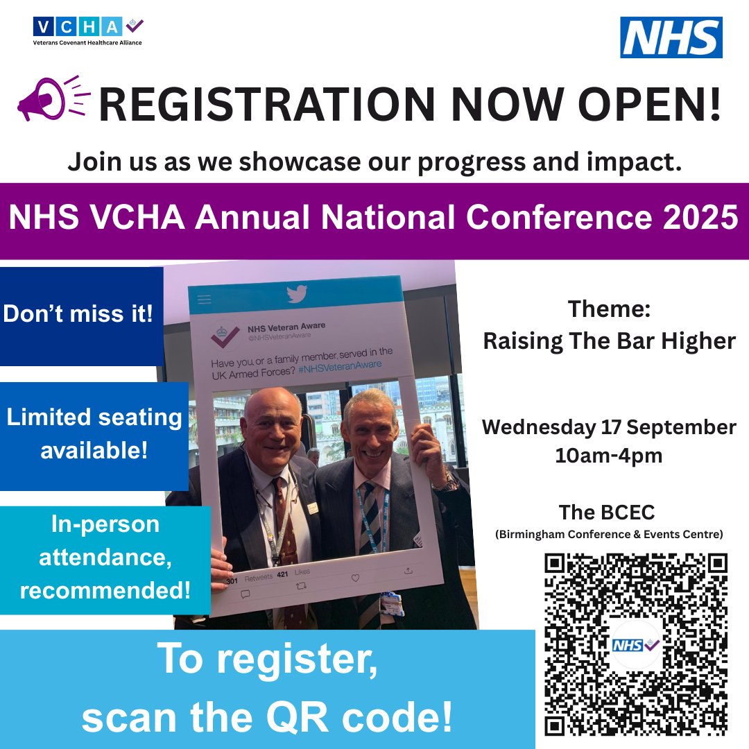 NHSVeteranAware's tweet photo. Join us at the NHS Veterans Covenant Healthcare Alliance Annual National Conference 2025 on 17 September in Birmingham, as we showcase our progress and impact in healthcare for the Armed Forces community. 

Register now: https://t.co/fzR7bLBQLs 

#NHSVeteranAware https://t.co/8Ef58T9mbE