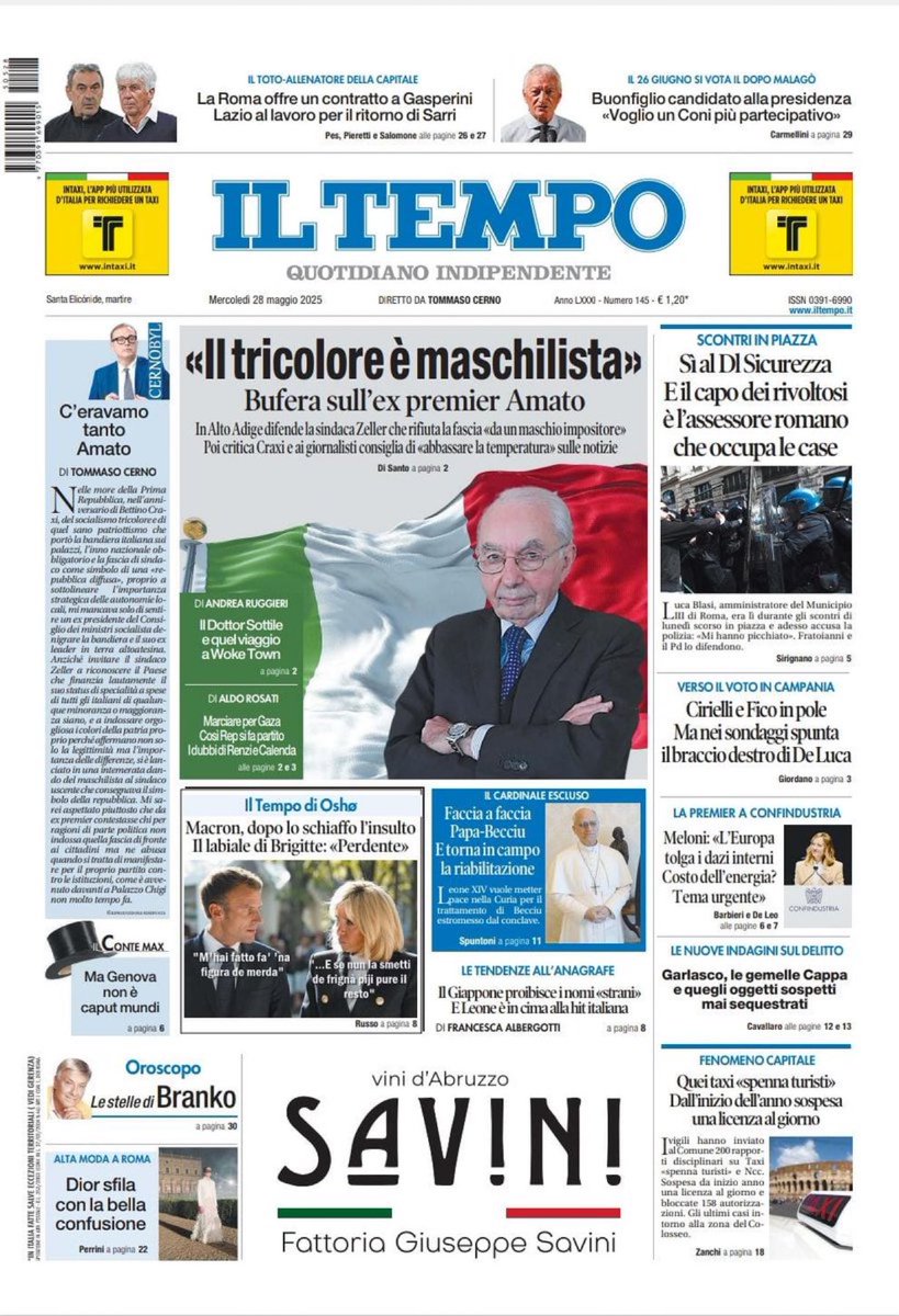 Tommasocerno's tweet image. 📍 “Il tricolore è maschilista”. Bufera su #Amato
📍 #Macron, dopo lo schiaffo l’insulto. Il labiale di Brigitte: “Perdente”
📍 #Garlasco, le gemelle #Cappa e quegli oggetti sospetti mai sequestrati

🔽 La prima pagina 📰 Siamo in edicola📣🗞
#28maggio #buongiornoatutti ⏰☕️