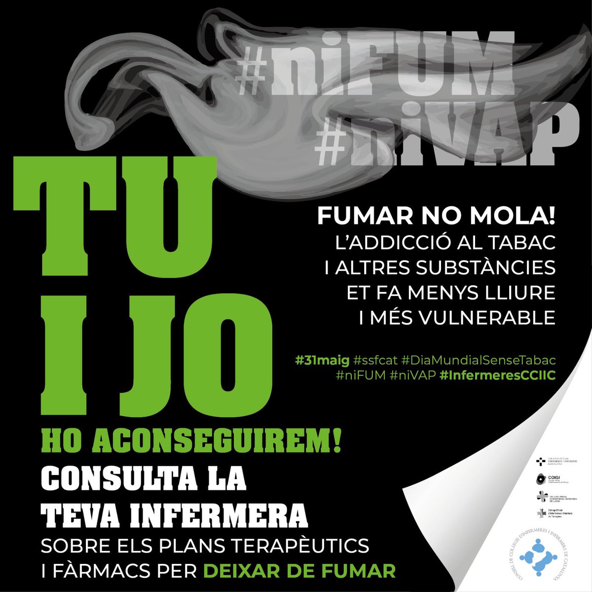 Consell d’Infermeres (@infermerescat) on Twitter photo Fumar no mola! L’addicció al tabac i altres substàncies et fa menys lliure i més vulnerable.
#31maig #ssfcat #DiaMundialSenseTabac #niFUM #niVAP #InfermeresCCIIC
<a href="/COIBarcelona/">Col·legi d'Infermeres i Infermers de BCN (COIB)</a> <a href="/COIGIrona/">Col·legi Oficial d'Infermeres/ers de Girona</a> <a href="/InfLleidaCOILL/">InfermeresLleidaCOILL</a> <a href="/codita_tgn/">Codita Tarragona</a> <a href="/XarxaCHsF/">Xarxa Catalana d'Hospitals sense Fum</a> <a href="/SumaSalutASPCAT/">SumaSalut</a> <a href="/TobControlUnit/">Tobacco Control Unit (ICO-IDIBELL)</a> Fumar no mola! L’addicció al tabac i altres substàncies et fa menys lliure i més vulnerable.
#31maig #ssfcat #DiaMundialSenseTabac #niFUM #niVAP #InfermeresCCIIC
<a href="/COIBarcelona/">Col·legi d'Infermeres i Infermers de BCN (COIB)</a> <a href="/COIGIrona/">Col·legi Oficial d'Infermeres/ers de Girona</a> <a href="/InfLleidaCOILL/">InfermeresLleidaCOILL</a> <a href="/codita_tgn/">Codita Tarragona</a> <a href="/XarxaCHsF/">Xarxa Catalana d'Hospitals sense Fum</a> <a href="/SumaSalutASPCAT/">SumaSalut</a> <a href="/TobControlUnit/">Tobacco Control Unit (ICO-IDIBELL)</a>