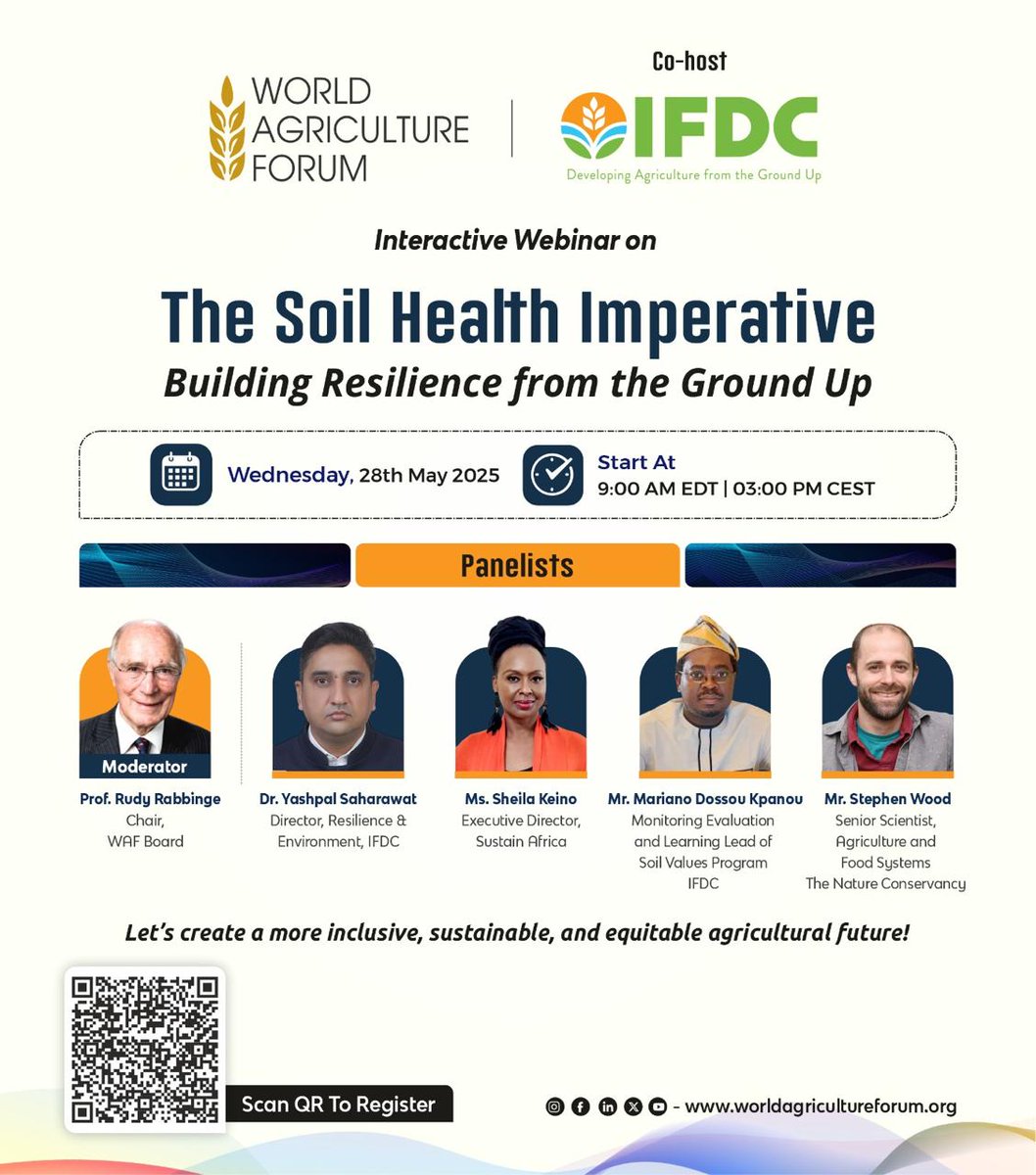 🌱Join us for a vital webinar on Soil Health &amp; Agri Resilience!
📅 May 28 | ⏰ 9 AM EDT
🎤 Experts from WAF, IFDC, TNC &amp; more
🔗 Register now: us06web.zoom.us...
#SoilHealth #AgriResilience #WAF #IFDC #ClimateSmartFarming