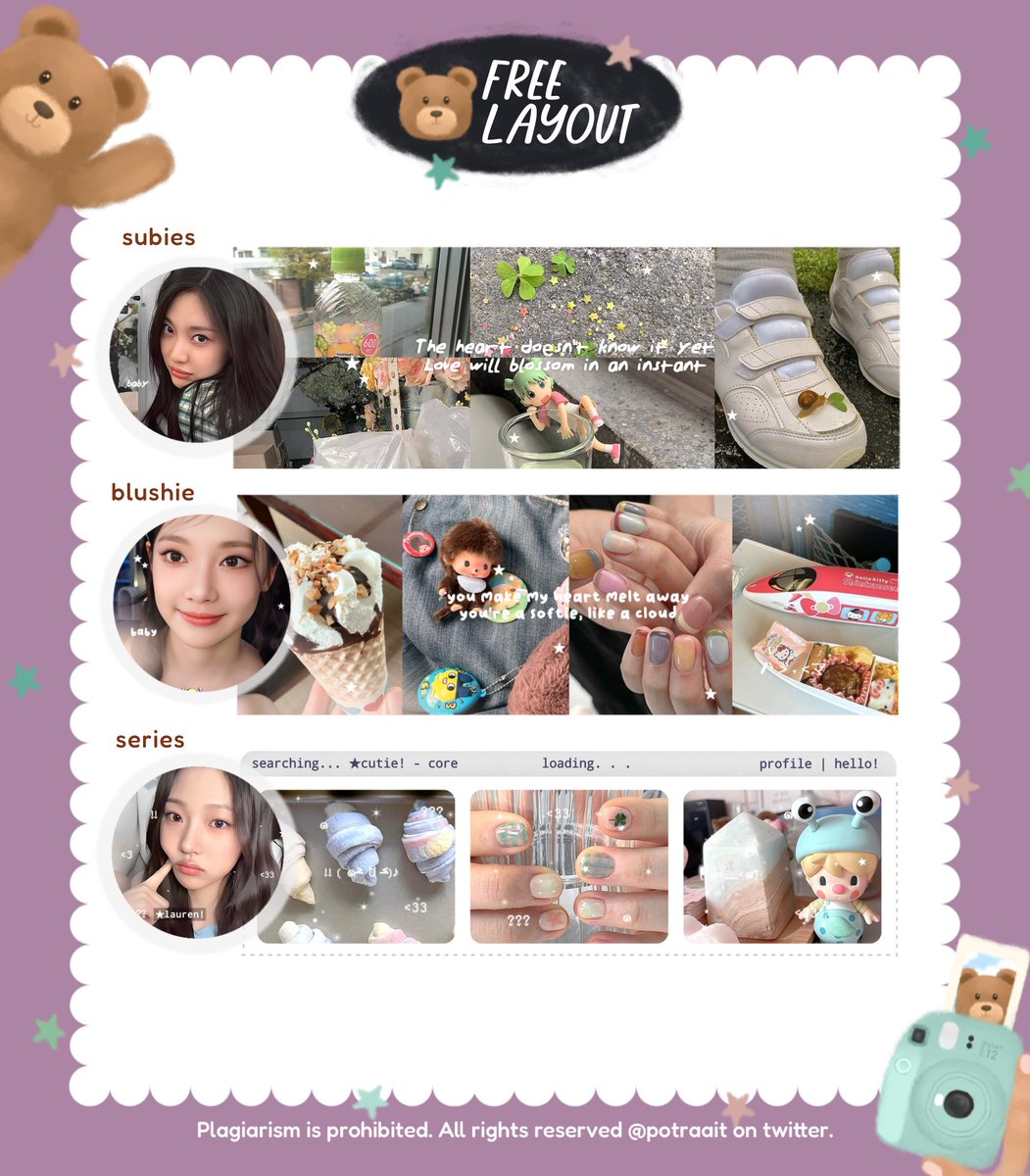 help rt, makaciii! 🧸💭

halo! aku ada 6 FREE LAYOUT REQ katalog subies, blushie &amp; series dalam rangka merayakan ulang tahun kaia (<a href="/nkuromi/">‏ؘ</a>) yayy! #KaiaromiBloom20 #BarakallahFiiUmrikNakaia 🥳🎂🎊💜

⏰ : @ 19.1O wib
💌 : by DM

cek TNC dibawah ini yaa<3
#zonauang