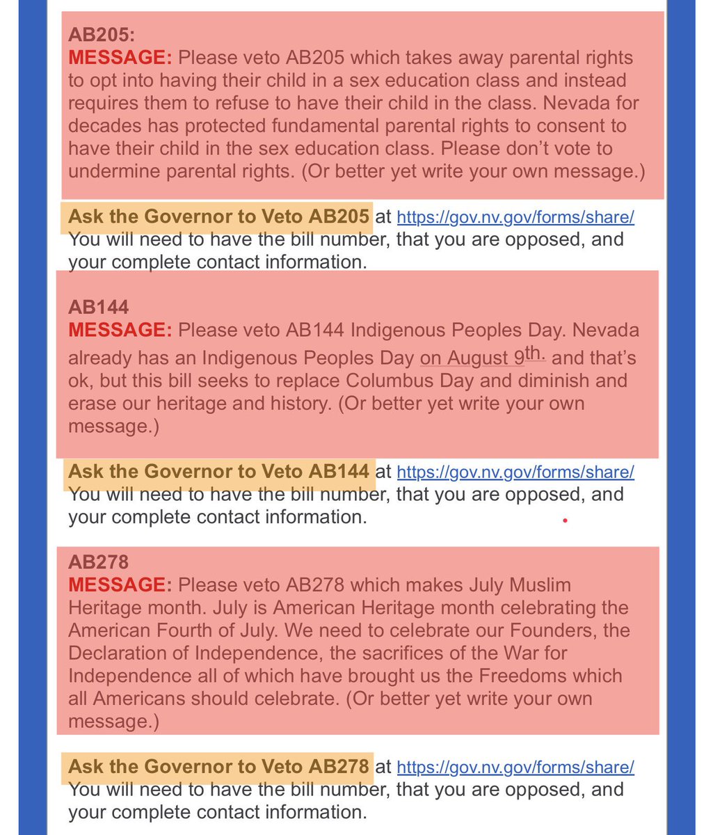 Gunz_go_boom's tweet photo. 🚨 NEVADA 🚨
Please📧@JosephMLombardo & ask he VETO ✍️ bills below. Link to Gov’s 📧; keep it simple “Please veto this bill” should be sufficient.
#AB205 (PARENT’S RIGHTS)
#AB144 (🇺🇸!)
#AB278 (1A VIO!)
#AB245 (2A)
#SB89 (2A)
#SB155 (ALIEN LE)
#nvleg
https://t.co/b3Ov43lk6o https://t.co/lkn0mTZTtj