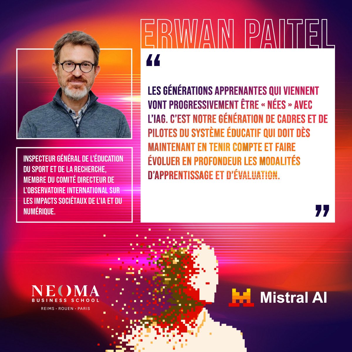 Alain GOUDEY (@alaingoudey) on Twitter photo 📆 Le 25/06 matin à <a href="/NEOMAbs/">NEOMA Business School</a> Paris, la matinée IA générative dans le supérieur s’annonce passionnante !
😀J’ai le plaisir de confirmer la venue d’Erwan Paitel, insepecteur général au <a href="/sup_recherche/">Ministère Enseignement supérieur et Recherche</a> et expert reconnu de l’IA et de la transformation digitale dans l’enseignement. 📆 Le 25/06 matin à <a href="/NEOMAbs/">NEOMA Business School</a> Paris, la matinée IA générative dans le supérieur s’annonce passionnante !
😀J’ai le plaisir de confirmer la venue d’Erwan Paitel, insepecteur général au <a href="/sup_recherche/">Ministère Enseignement supérieur et Recherche</a> et expert reconnu de l’IA et de la transformation digitale dans l’enseignement.
