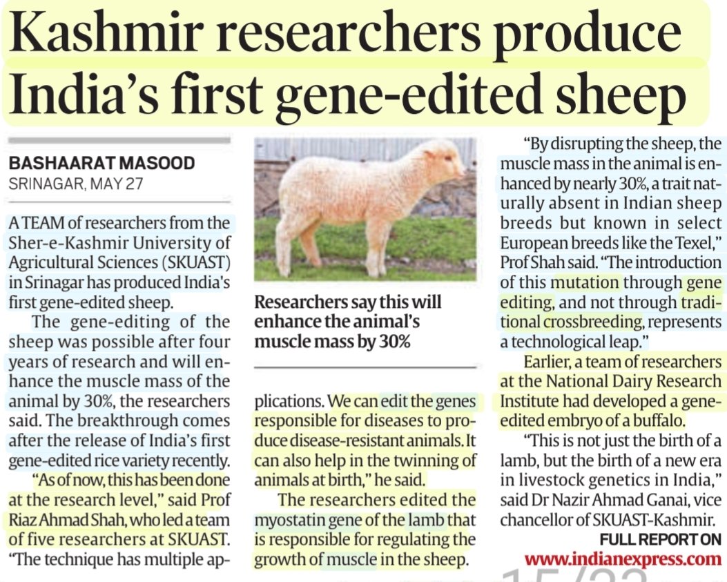 Ravikant Yadav (@imravikantyadav) on Twitter photo 'Kashmir researchers produce India's first Gene-Edited Sheep'
:Details by Mr Bashaarat Masood
<a href="/bashaaratmasood/">Bashaarat Masood بشارت مسعود</a>
#SKUAST #Kashmir #GeneEditing #Sheep #MyostatinGene #Lamb
#Muscle 📈 #Mutation #Genetics #traditional #Crossbreeding
#research
#UPSC
Source: IE 'Kashmir researchers produce India's first Gene-Edited Sheep'
:Details by Mr Bashaarat Masood
<a href="/bashaaratmasood/">Bashaarat Masood بشارت مسعود</a>
#SKUAST #Kashmir #GeneEditing #Sheep #MyostatinGene #Lamb
#Muscle 📈 #Mutation #Genetics #traditional #Crossbreeding
#research
#UPSC
Source: IE
