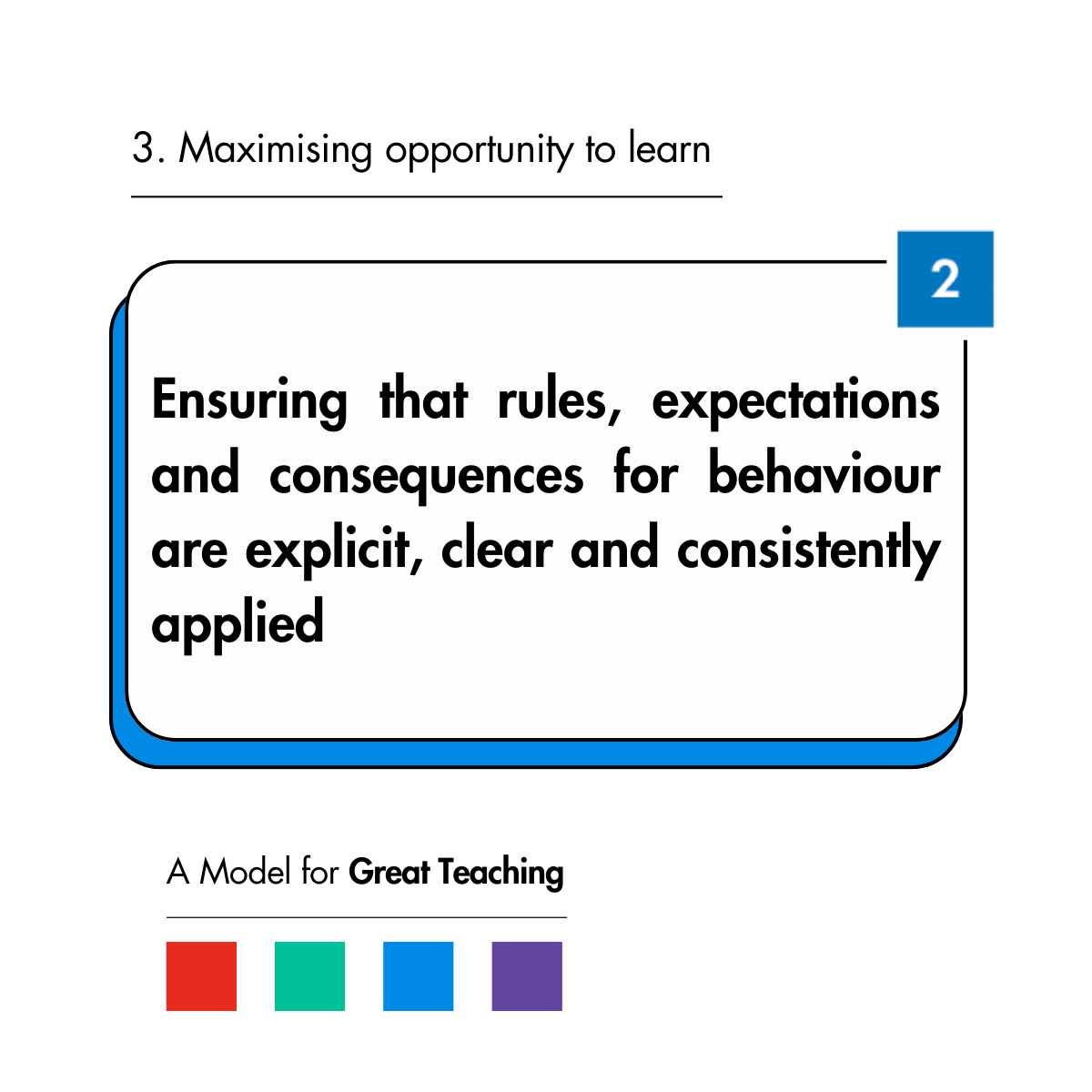 EvidenceInEdu's tweet photo. A Model for Great Teaching

Today we focus on Dimension 3: Maximising opportunity to learn 

Great teachers manage the classroom to maximise opportunity to learn

No model of teaching effectiveness could be complete without classroom management: managing the behaviour and activities of a class of students
is what teachers do. 

Yet is it also controversial. Different teachers have very different styles, values and priorities.