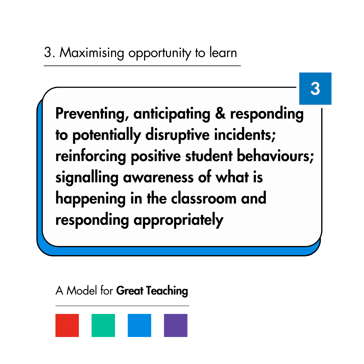 A Model for Great Teaching

Today we focus on Dimension 3: Maximising opportunity to learn 

Great teachers manage the classroom to maximise opportunity to learn

No model of teaching effectiveness could be complete without classroom management: managing the behaviour and