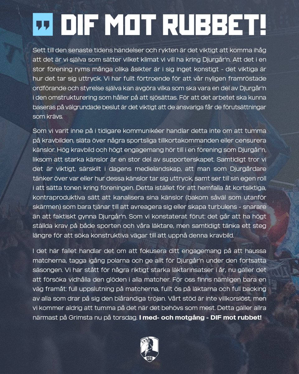Uttalande från Ultra Caos Stockholm. Vi ses på Grimsta imorgon - DIF mot rubbet!