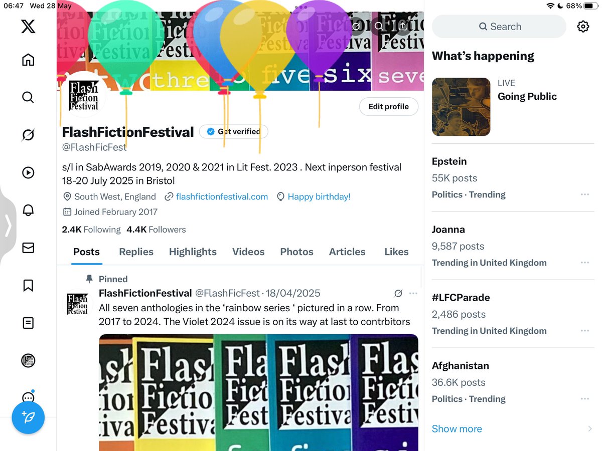 FlashFictionFestival (@flashficfest) on Twitter photo It’sFestival Director <a href="/judehwriter/">Jude Higgins</a>’s birthday. What better time than to book a place for the festival! One place only left with accommodation, some with camping or without a room, a few day places. Also Jude’s been practicing her karaoke so come & hear her sing! It’sFestival Director <a href="/judehwriter/">Jude Higgins</a>’s birthday. What better time than to book a place for the festival! One place only left with accommodation, some with camping or without a room, a few day places. Also Jude’s been practicing her karaoke so come & hear her sing!