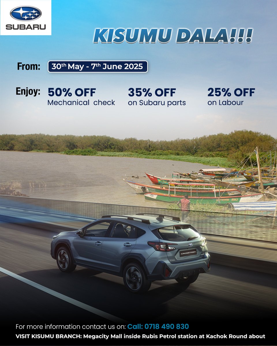 🚗 Hello Kisumu! Subaru offers are here — unmatched deals &amp; legendary performance await.

📍Mega City Mall, inside Rubis Petrol Station,         Kachok Roundabout.

#SubaruKisumu #LiveMoreFearLess #SubaruKenya #SubaruOffers