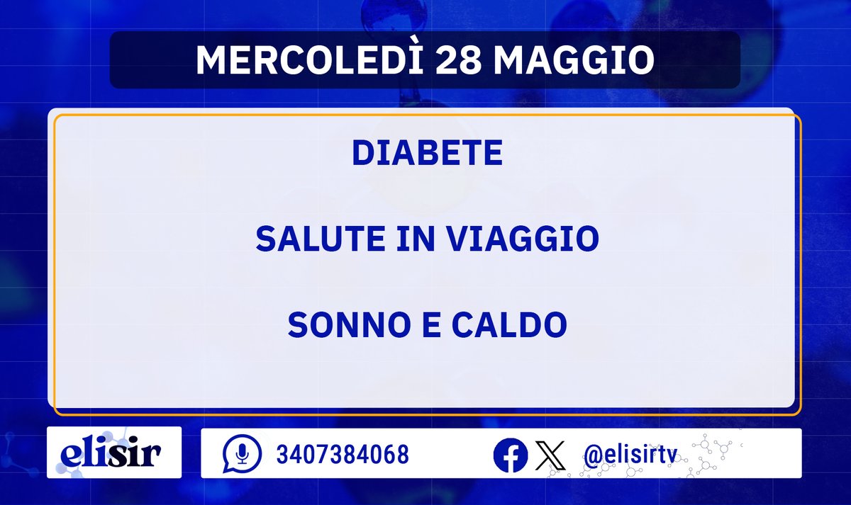 Buongiorno amiche e amici di #Elisir! Alle 10:15 dagli studi di Saxa Rubra inizia una nuova diretta. Oggi parleremo del diabete e dei nuovi farmaci per curarlo, ci occuperemo di salute in viaggio e di sonno e caldo: come riuscire a dormire anche con le temperature estive?