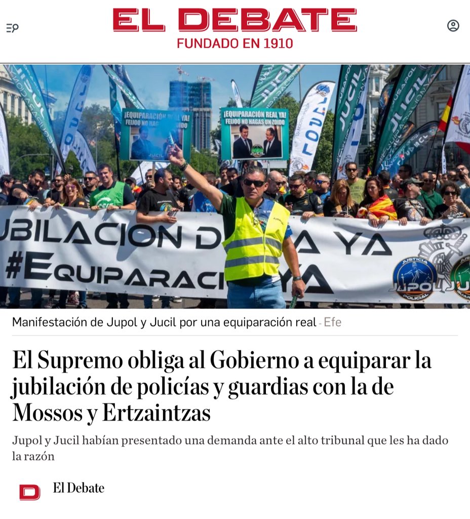 JupolNacional's tweet photo. El Supremo obliga al Gobierno a equiparar la jubilación de policías y guardias con la de Mossos y Ertzaintzas, vía @eldebate_com

“Jupol y Jucil habían presentado una demanda ante el alto tribunal que les ha dado la razón”

Está sentencia sin precedentes reconoce un agravio histórico de la Policía Nacional respecto a policías autonómicas, ahora, seguiremos con la estrategia marcada por nuestros servicios jurídicos, que ya nos ha traído este grandísimo éxito, nunca visto hasta ahora.
AQUÍ NO DEJAMOS A NADIE ATRÁS.

😎JUPOL #EquiparacionYa, #JubilacionDignaYa y #ProfesionDeRiesgoYa

🌐Noticia: https://t.co/3Z1sUDxVEm
