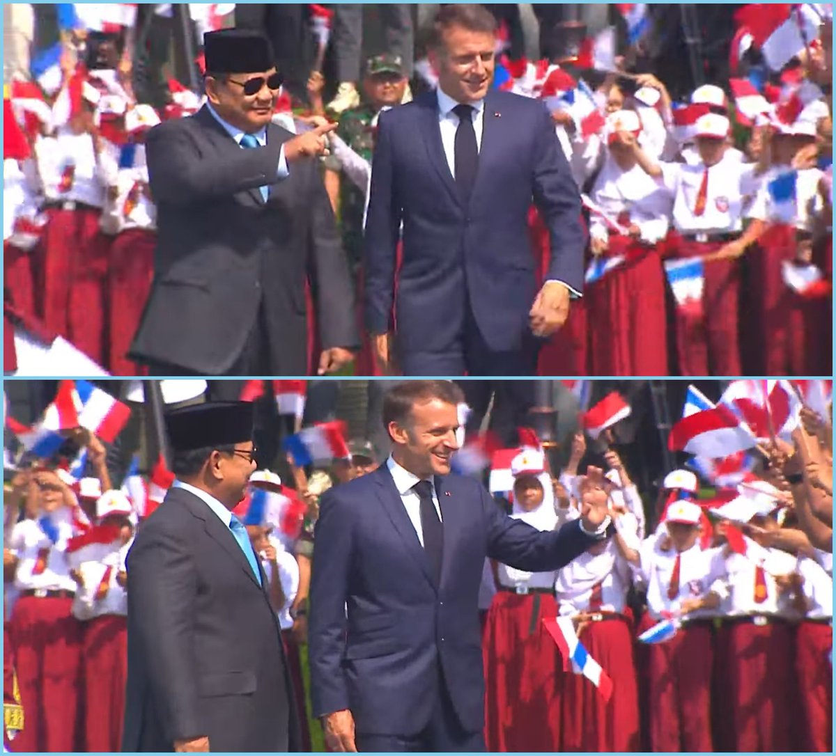 Presiden Prabowo S. dan Presiden E. Macron terlihat melambaikan tangan saat berjalan bersama melakukan inspeksi pasukan kehormatan yang berbaris rapi dan kibaran bendera (Indonesia-Prancis) oleh pelajar di halaman Istana Merdeka pada Upacara penyambutan.

🗓Rabu pagi, 28 Mei 2025
