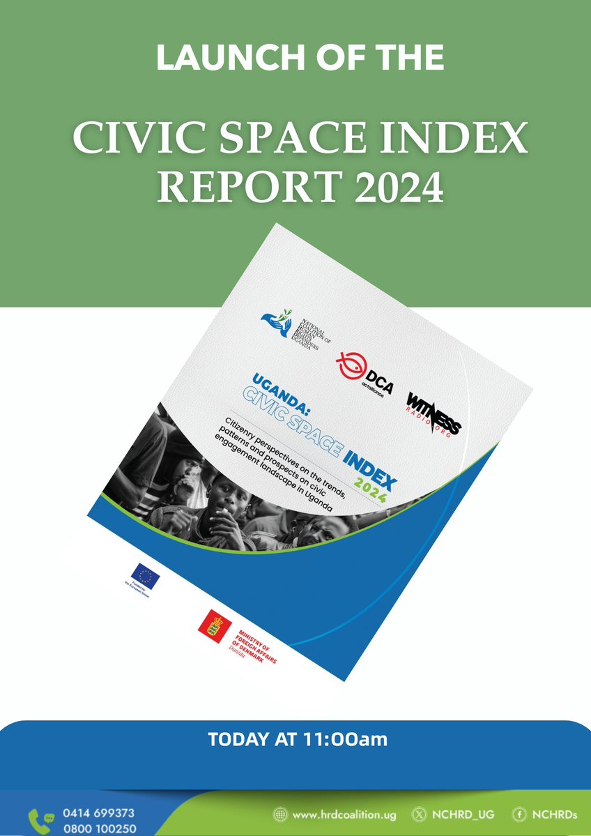 NCHRDs-UG (@nchrd_ug) on Twitter photo We are set to launch our civic space index report 2024 today.
Follow our social media platforms for all updates.
<a href="/DCAUganda/">DanChurchAid Uganda</a> <a href="/EUinUG/">EU in Uganda</a> <a href="/DefendDefenders/">DefendDefenders</a> <a href="/DKinUganda/">Denmark in Uganda</a>
#TogetherWeDefend We are set to launch our civic space index report 2024 today.
Follow our social media platforms for all updates.
<a href="/DCAUganda/">DanChurchAid Uganda</a> <a href="/EUinUG/">EU in Uganda</a> <a href="/DefendDefenders/">DefendDefenders</a> <a href="/DKinUganda/">Denmark in Uganda</a>
#TogetherWeDefend
