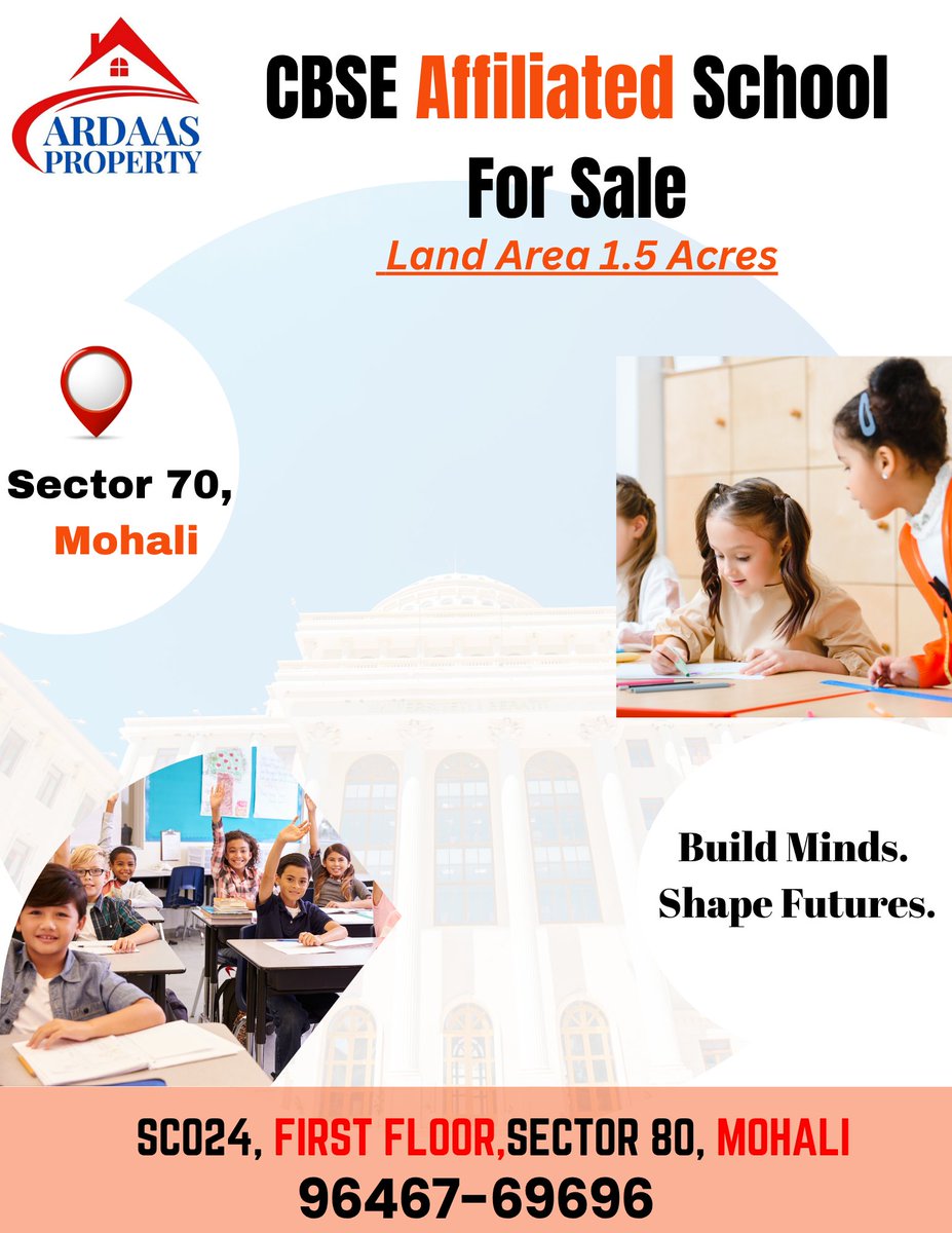 ardaasprop's tweet image. 📚 CBSE Affiliated School For Sale! 🏫
📍 Sector 70, Mohali
📐 Land Area: 1.5 Acres
🔑 Ready Infrastructure | High Growth Area | Prime Location
📌 Office Address: SCO24, First Floor, Sector 80, Mohali
📞 Contact: 96467-69696
@ardaaspropertymohali
#SchoolForSale #MohaliRealEstate