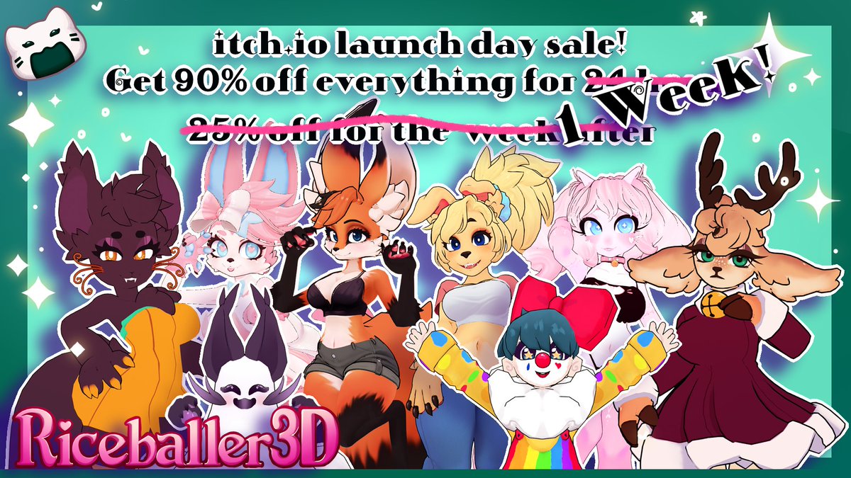 I had some people telling me they wouldn't be able to take advantage of the sale in time so  I decided I'm just gonna extend the 90% for the whole week instead
I hope ya'll get a chance to look over my wares <3

💵90% off for the next week 💵
🍙itch.io/s/153762/launc…