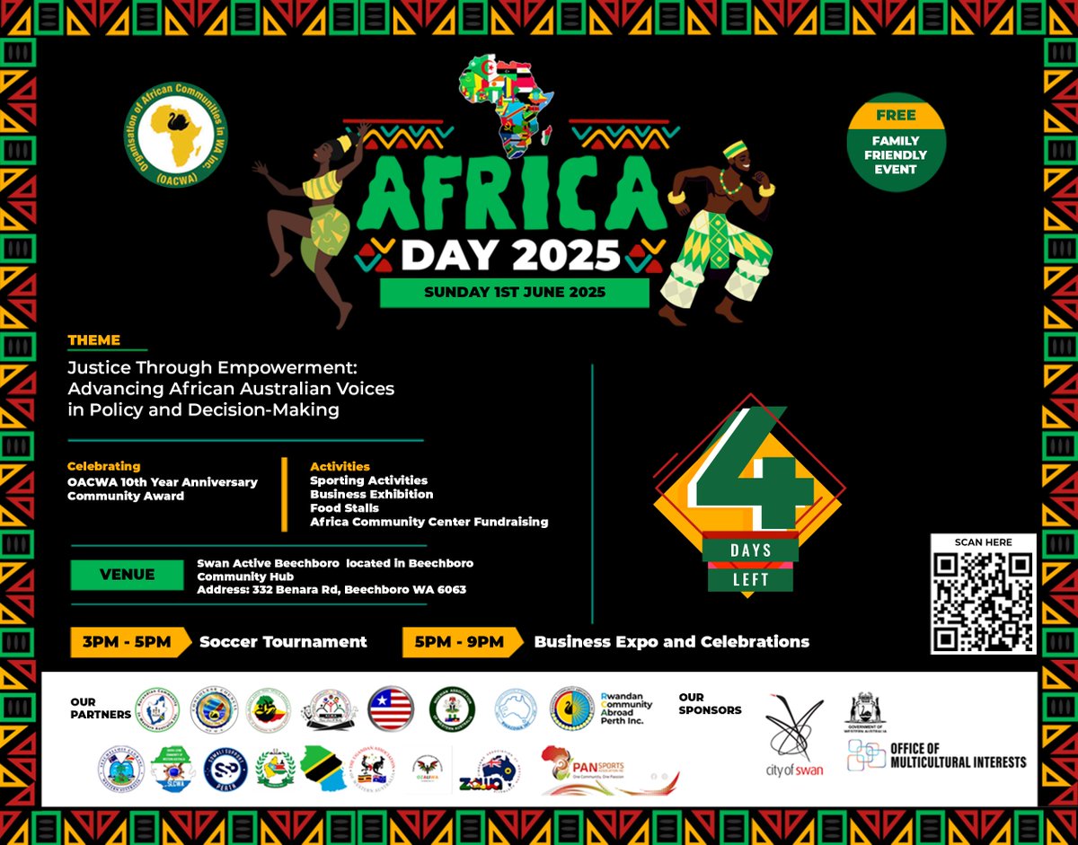 Just 4 days left
Africa Day 2025 is almost here — culture, food, music, soccer, and pure joy
Free entry. Big vibes. All are welcome.
Swan Active Beechboro | June 1 | 3–9PM
Scan the code — don’t miss it
#AfricaDay2025 #OACWA #fyp #viral #PerthEvents #CelebrateCulture