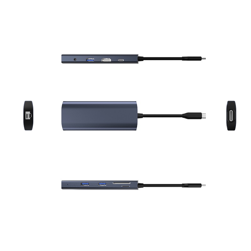 9-in-1 intelligent USB C docking station

Features:

·Input Type C x1（Connect to host）

·1xType C（PD3.0 with max 100W）

·1 XHDMI（Max4K@60Hz）

·1xTF/Micro SD 3.0（Up to 104Mb/s）

·1xSD/MMC 3.0（Up to 104Mb/s）

·2xUSB A 3.0（Max 5Gbps data transmission）