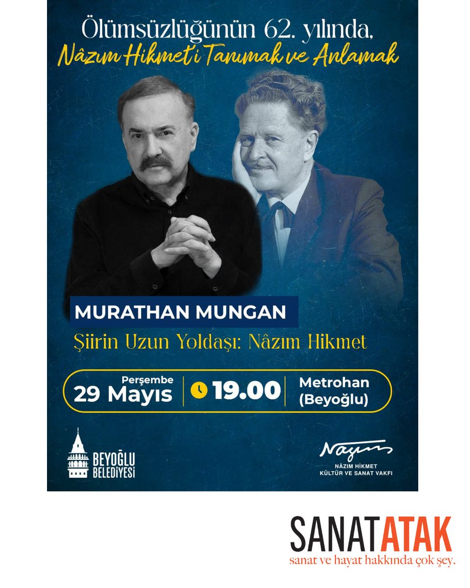 SANATATAK (@sanatatak) on Twitter photo Nâzım Hikmet Kültür ve Sanat Vakfı’nın düzenlediği "Nâzım Hikmet'i Tanımak ve Anlamak" dizi konuşmaları devam ediyor.
"Şiirin Uzun Yoldaşı: Nâzım Hikmet" başlıklı söyleşide Murathan Mungan, Nâzım Hikmet şiirine ilişkin konuşacak.
<a href="/nhvakfi/">Nâzım Hikmet Kültür ve Sanat Vakfı</a> <a href="/mungan_murathan/">murathan mungan</a> Nâzım Hikmet Kültür ve Sanat Vakfı’nın düzenlediği "Nâzım Hikmet'i Tanımak ve Anlamak" dizi konuşmaları devam ediyor.
"Şiirin Uzun Yoldaşı: Nâzım Hikmet" başlıklı söyleşide Murathan Mungan, Nâzım Hikmet şiirine ilişkin konuşacak.
<a href="/nhvakfi/">Nâzım Hikmet Kültür ve Sanat Vakfı</a> <a href="/mungan_murathan/">murathan mungan</a>