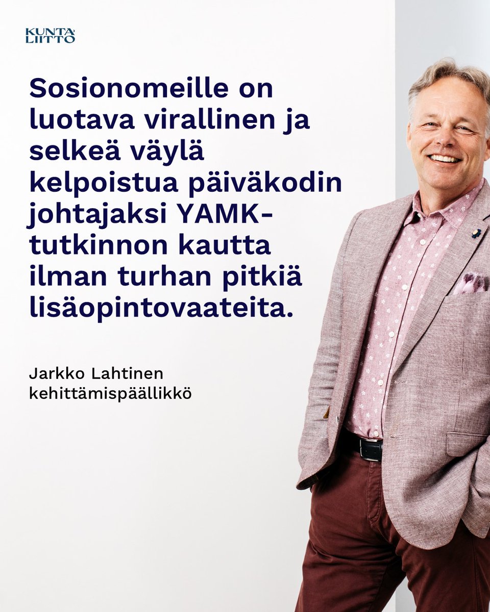 Kuntaliitto | Kommunförbundet (@kuntaliitto) on Twitter photo Sosionomeille on luotava virallinen ja selkeä väylä kelpoistua päiväkodin johtajaksi YAMK-tutkinnon kautta ilman turhan pitkiä lisäopintovaateita.Tämä vahvistaa laatua ja kertoo, että arvostamme kaikkia varhaiskasvatuksen ammattilaisia, bloggaa <a href="/JLtwiitti/">Jarkko Lahtinen</a>. kuntaliitto.fi/blogi/2025/pai… Sosionomeille on luotava virallinen ja selkeä väylä kelpoistua päiväkodin johtajaksi YAMK-tutkinnon kautta ilman turhan pitkiä lisäopintovaateita.Tämä vahvistaa laatua ja kertoo, että arvostamme kaikkia varhaiskasvatuksen ammattilaisia, bloggaa <a href="/JLtwiitti/">Jarkko Lahtinen</a>. kuntaliitto.fi/blogi/2025/pai…
