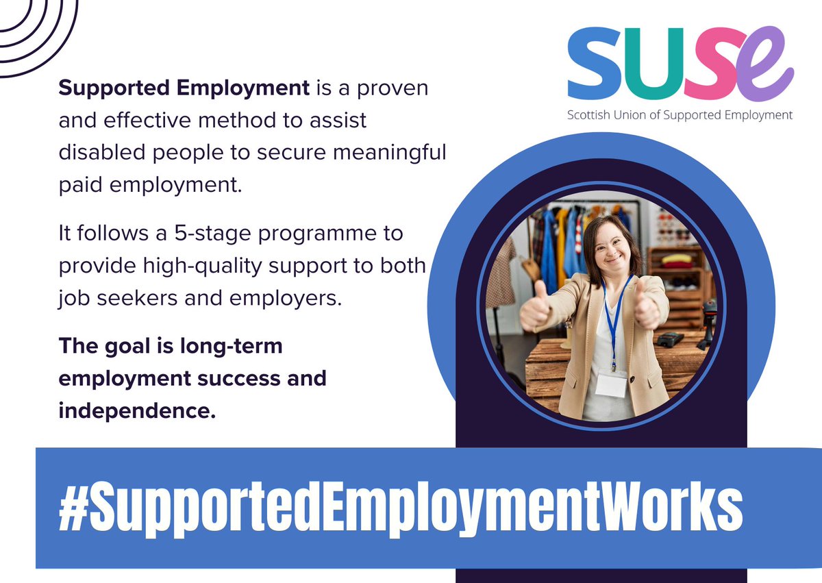 Quality Supported Employment is a tried and tested highly effective way to help disabled people to gain meaningful paid jobs. Quite simply… #SupportedEmploymentWorks

Spread the message and encourage people to champion #SupportedEmployment

Find out more suse.org.uk