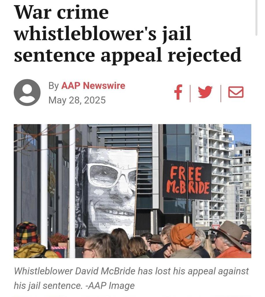 ❗️Australian man David McBride, who was jailed for leaking classified information about possible war crimes, will remain behind bars after losing an appeal against his sentence.