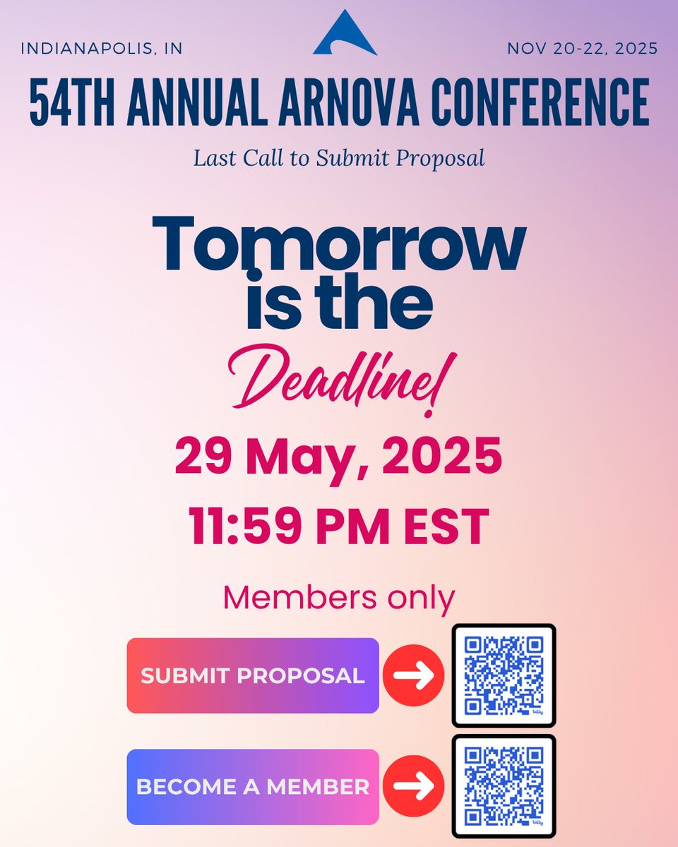 🚨 Final 24 hours
Proposal submissions for #ARNOVA2025 close tomorrow, May 29 at 11:59 PM EST.
Theme: The Evolving Role of Philanthropy in Global, National, and Local Contexts

🔗 Submit (members only): lnkd.in/gYaUBuRR
🔗 Join: lnkd.in/dCGxMusk