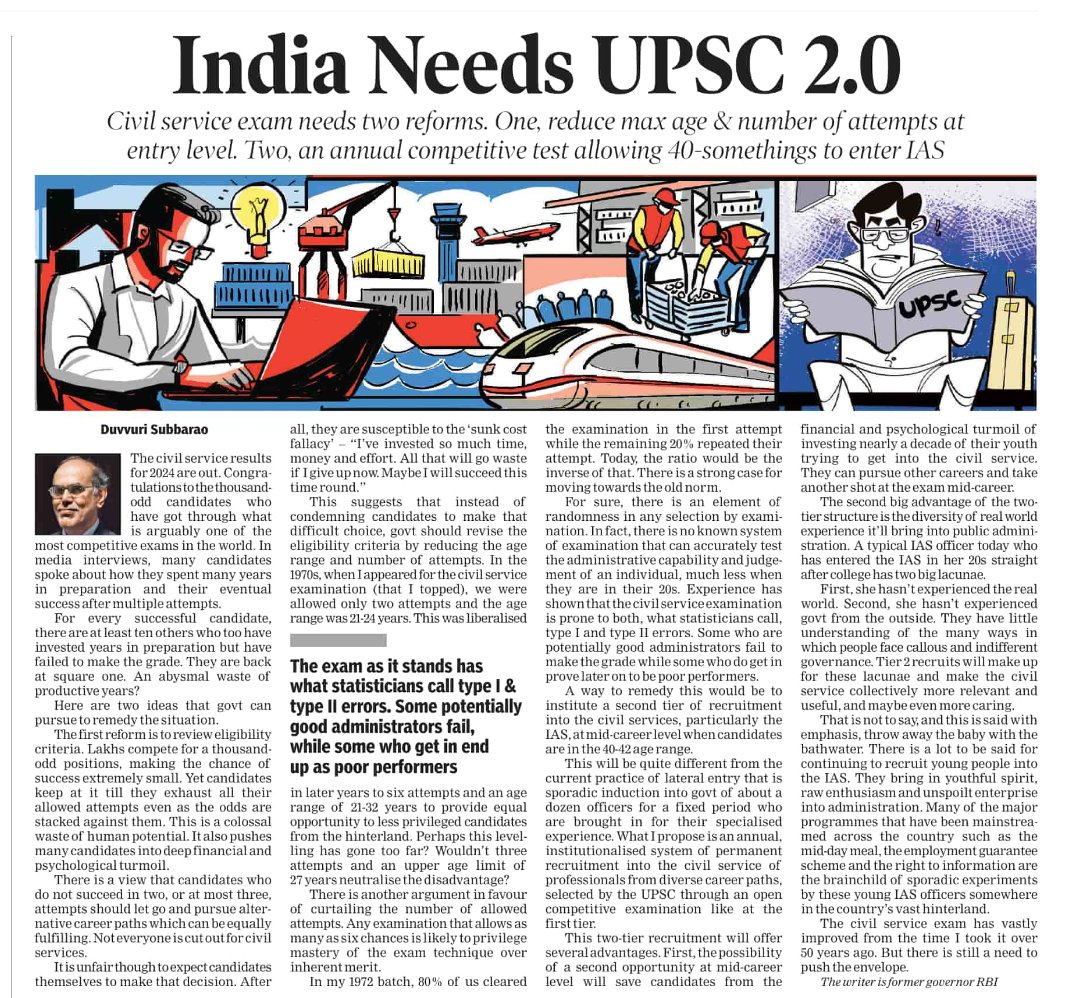 India Needs a Smarter IAS: Reduce Age Limits, Add Mid-Career Entry.

The UPSC must evolve—stop wasting youth in endless attempts and bring in 40-something professionals with real-world wisdom to reform governance from within, writes D Subbarao.