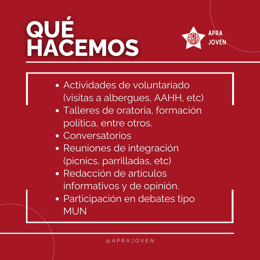 Únete a la JUVENTUD APRISTA   

Fórmate como la nueva generación de políticos que necesita el Perú 🇵🇪

⬇️Para inscribirte solo tienes que llenar el siguiente formulario:
forms.gle/Yj1ay9Wt2pEkz7…

cc. <a href="/esquinabaja/">Carla García B 💚</a> <a href="/Soy_Aprista/">Soy Aprista</a> <a href="/nidiavilchez/">Nidia Vilchez</a> 

CIERRE DE CONVOCATORIA: 01 DE JUNIO