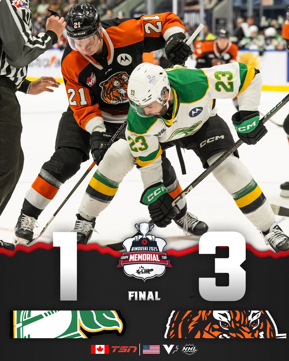 TheWHL's tweet image. SEE YOU SUNDAY!

The @tigershockey are headed to the #MemorialCup Final after going undefeated in the round robin.
