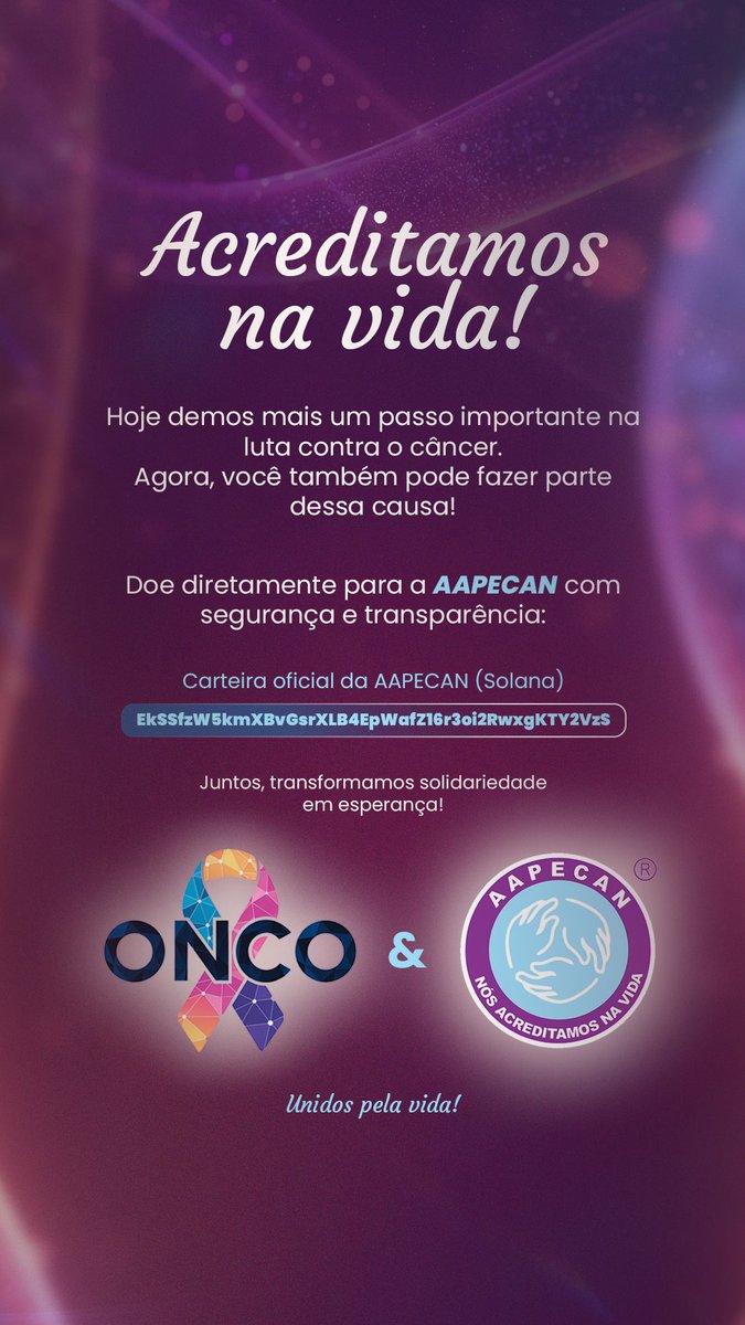 OncoToken's tweet photo. 🚀 Ponta pé inicial na revolução solidária!

Agora você pode doar diretamente para as instituições que combatem o câncer com transparência total e tecnologia blockchain.
Acesse: 🌐 https://t.co/tFTa0Kuqha
Use o token $ONCO e ajude a transformar cada doação em um ciclo contínuo de esperança!

💠 Com o ONCO Token, sua contribuição gera rendimento para as instituições todos os dias!
🔁 10% de todas as doações são reinvestidas no próprio token, fortalecendo ainda mais a causa!

📲 Doe agora com apenas alguns cliques!

#OncoToken #DoeComTransparência #Web3Solidária #CombateAoCâncer #BlockchainDoBem

Contrato (CA): oncoqrGbi85XfeA9SP6zNw6iQHPL3SFWLVQ1n28SKmn
Telegram: https://t.co/sMzR51xzxy