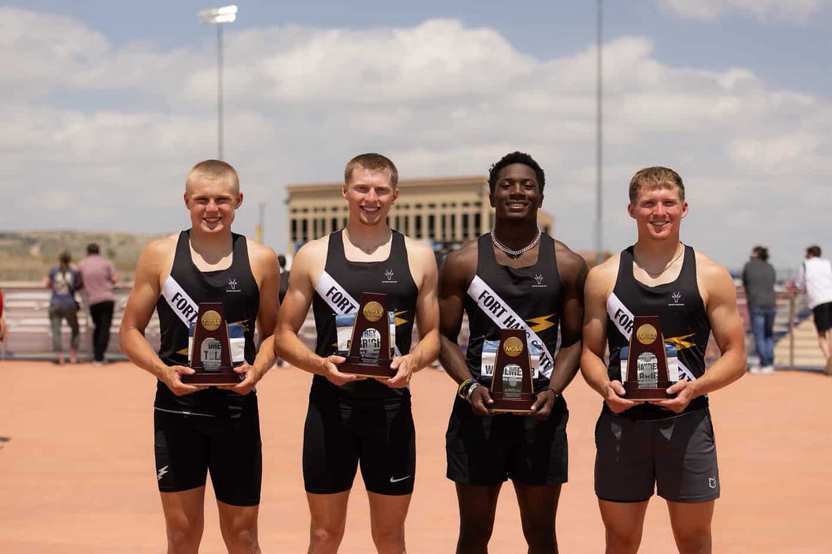 These four Fort Hays State University men are All-Americans in the 4x100 after placing 7th at the NCAA DII Outdoor Championships. All four are from KS 3A schools. Drew Tolar (Cheney), Avrey Albright (Kingman), Toby Wahlmeier (Concordia), Hayden Albright (Kingman). They also broke