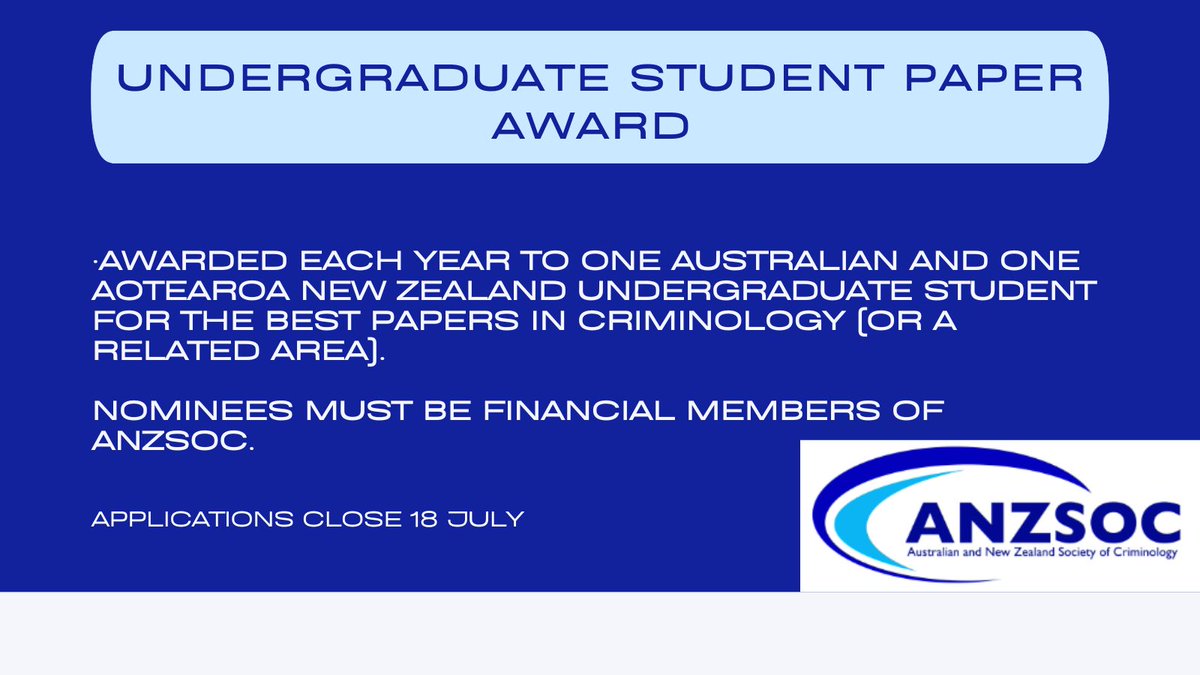 Apply now for the Undergraduate Student Paper Award - awarded each year to one Australian and one Aotearoa New Zealand undergraduate student for the best papers Apply by July 18 anzsoc.org/awards/