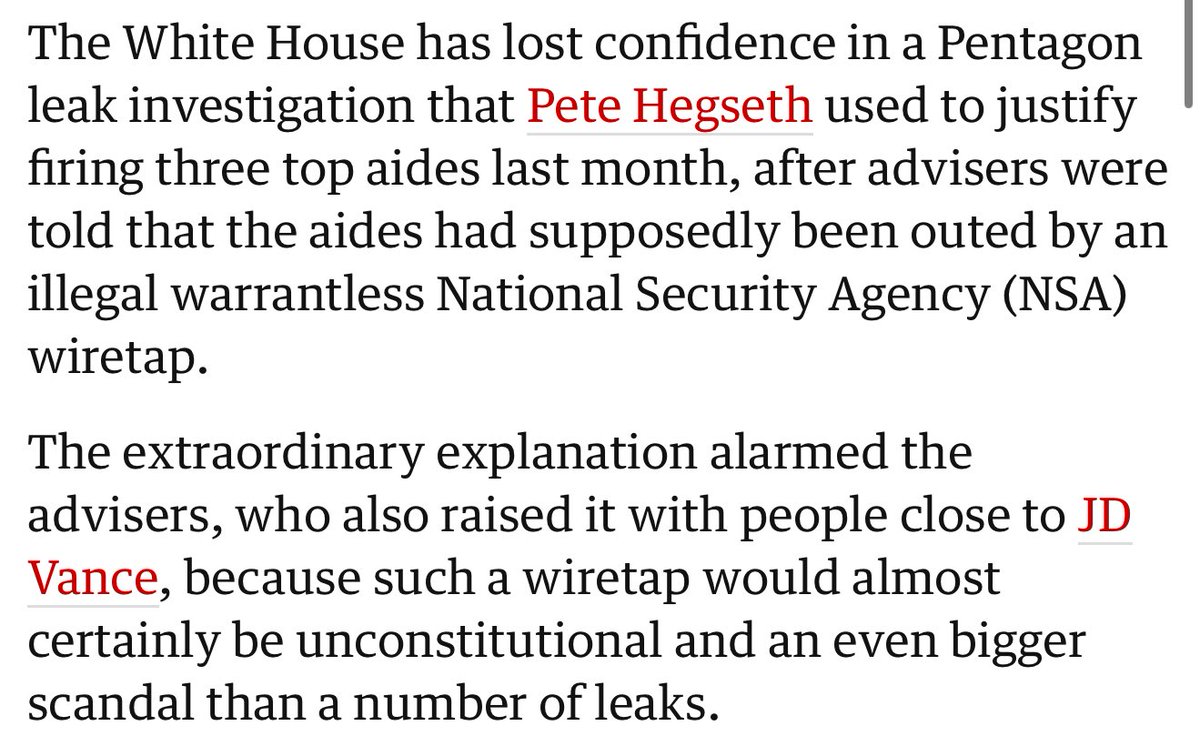 🚨 HEGSETH WIRETAPPED HIS STAFF. WH LOSING CONFIDENCE.

theguardian.com/us-news/2025/m…