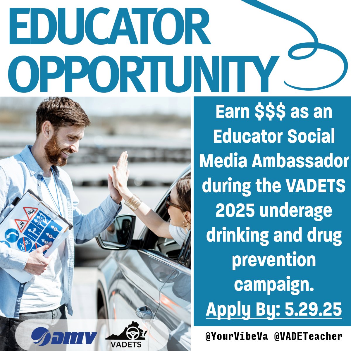Educator Opportunity!!!
Earn $$$ as an Educator Ambassador during our VADETS 2025 underage drinking and drug prevention campaign.
Sign-up by 5/292/25!
Apply Here ➡️bit.ly/3GT7N0F