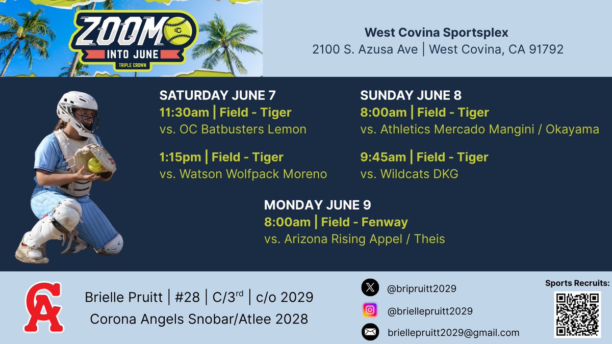 Brielle Pruitt 2029 (@bripruitt2029) on Twitter photo It's almost that time! Excited to play with my team at Zoom into June.
<a href="/CASnobarAtlee28/">Corona Angels Snobar / Atlee 2028</a> <a href="/tarynatlee_/">Taryn Atlee π΅π</a> <a href="/CoastRecruits/">Coast 2 Coast Recruits</a> <a href="/CoastRecruitsSB/">Coast Recruits π₯</a> <a href="/SoftballHome/">Softball Home</a> <a href="/ExtraInningSB/">EXTRA INNING SOFTBALL</a>
<a href="/CoachSpencerCal/">Chelsea Spencer</a> <a href="/BTelesco2/">Brandon Telesco</a> <a href="/StacyMayJohnson/">Stacy May-Johnson</a> <a href="/Hey_Coach_Bobby/">Bobby Alvara</a> @CoachSullySB <a href="/MinesSoftball/">Mines Softball</a> <a href="/CoachMJKnighten/">MJ Knighten</a> It's almost that time! Excited to play with my team at Zoom into June.
<a href="/CASnobarAtlee28/">Corona Angels Snobar / Atlee 2028</a> <a href="/tarynatlee_/">Taryn Atlee π΅π</a> <a href="/CoastRecruits/">Coast 2 Coast Recruits</a> <a href="/CoastRecruitsSB/">Coast Recruits π₯</a> <a href="/SoftballHome/">Softball Home</a> <a href="/ExtraInningSB/">EXTRA INNING SOFTBALL</a>
<a href="/CoachSpencerCal/">Chelsea Spencer</a> <a href="/BTelesco2/">Brandon Telesco</a> <a href="/StacyMayJohnson/">Stacy May-Johnson</a> <a href="/Hey_Coach_Bobby/">Bobby Alvara</a> @CoachSullySB <a href="/MinesSoftball/">Mines Softball</a> <a href="/CoachMJKnighten/">MJ Knighten</a>