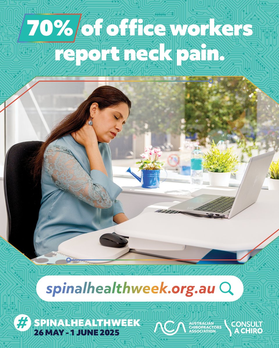 📊 Did you know #NeckPain is more common among office workers than the general population? Studies suggest up to 70% report experiencing neck pain.

👉Join the #SpinalHealthWeek Movement (26 May - 1 June) and get the #HeadsUp on #TechNeck 👉  SpinalHealthWeek.org.au