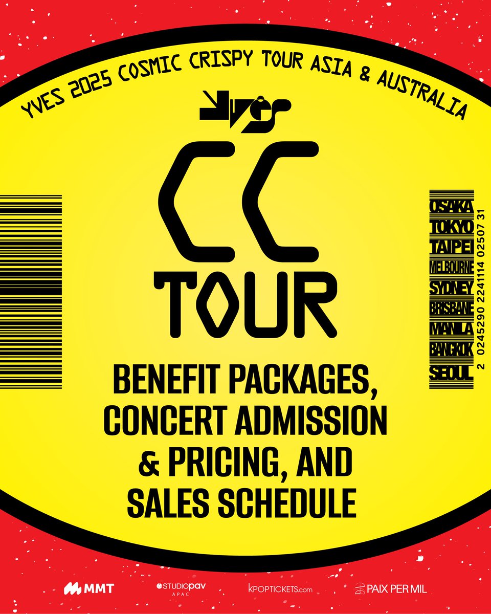 studiopav_APAC's tweet photo. #ENGDU, ticket and benefit package information for 💫2025 YVES COSMIC CRISPY TOUR: ASIA & AUSTRALIA💫 is here!

Tickets go on sale Friday, May 30th! 📅 Please see the time table below:
⏰ 11:00 AM (Venue's Local Time) – Concert Admission
⏰ 12:00 PM (Venue's Local Time) – Early Access Benefit Package Sale
⏰ 1:00 PM (Venue's Local Time) – General Benefit Package Sale

VVIP and VIP Benefit Packages are sold directly on 🔗https://t.co/7MNaycOiIw. Concert Admission Tickets will be sold through our local promoters, but hyperlinked to https://t.co/nlBlSK6c6R for easy access! 🎟️ 

⚠️ Benefit Packages DO NOT include a concert admission ticket. You’ll need both to participate in the Benefit Packages! ⚠️

#YVES #이브 #YVESinAPAC #COSMICCRISPYTOUR #paixpermil #StudioPAV #LiveYourKpopDream