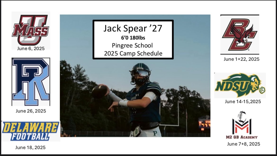 Jack Spear (@jspear_2) on Twitter photo ‼️Here’s my camp schedule📷Thank you to the coaches for inviting me. Can’t wait to go out and showcase my skills!
<a href="/PingreeFootball/">Pingree Football</a>
<a href="/M2_QBacademy/">M2 QB Academy</a>
<a href="/NE6FB_Recruits/">NE-Recruits</a> ‼️Here’s my camp schedule📷Thank you to the coaches for inviting me. Can’t wait to go out and showcase my skills!
<a href="/PingreeFootball/">Pingree Football</a>
<a href="/M2_QBacademy/">M2 QB Academy</a>
<a href="/NE6FB_Recruits/">NE-Recruits</a>