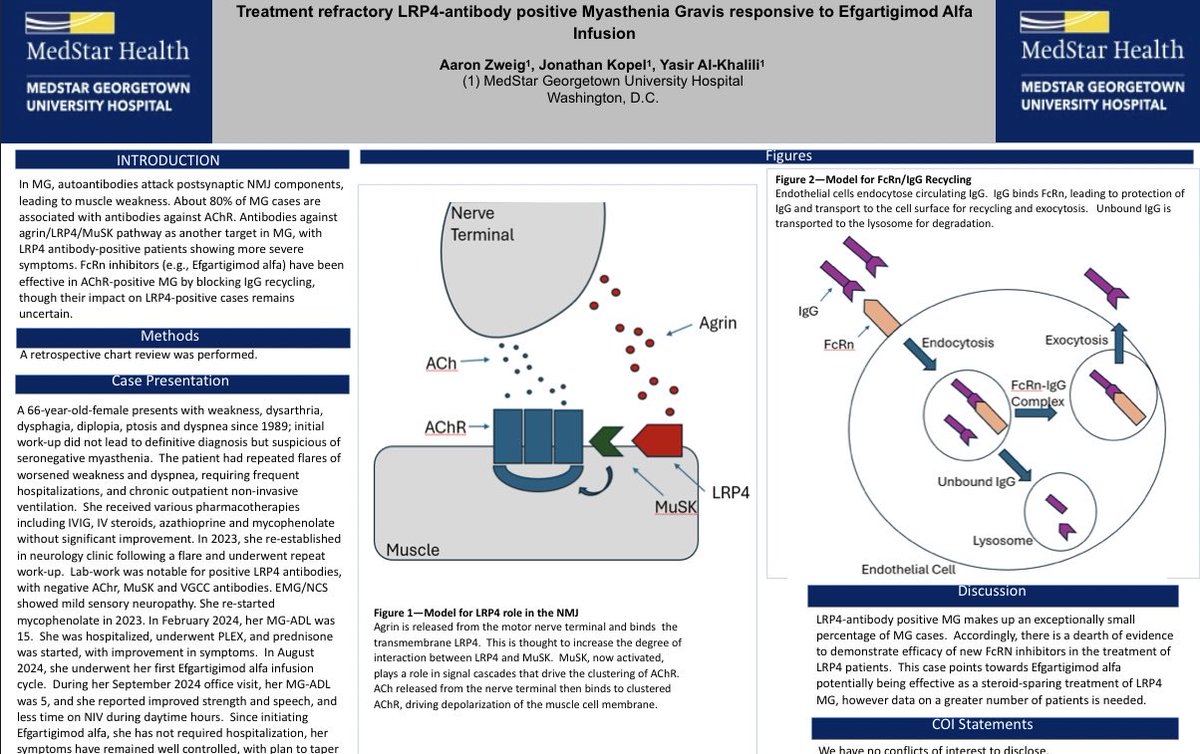 YasirAlKhalili's tweet photo. Couldn’t make it to The Hague for the #MGFA @MyastheniaOrg conference but so proud of our @Georgetown Neurology rock star ⭐️ resident Dr Aaron Zweig for stepping up and presenting our poster like a pro! @AANmember #EMG @GtownNeurology https://t.co/r2wXPmyPSZ