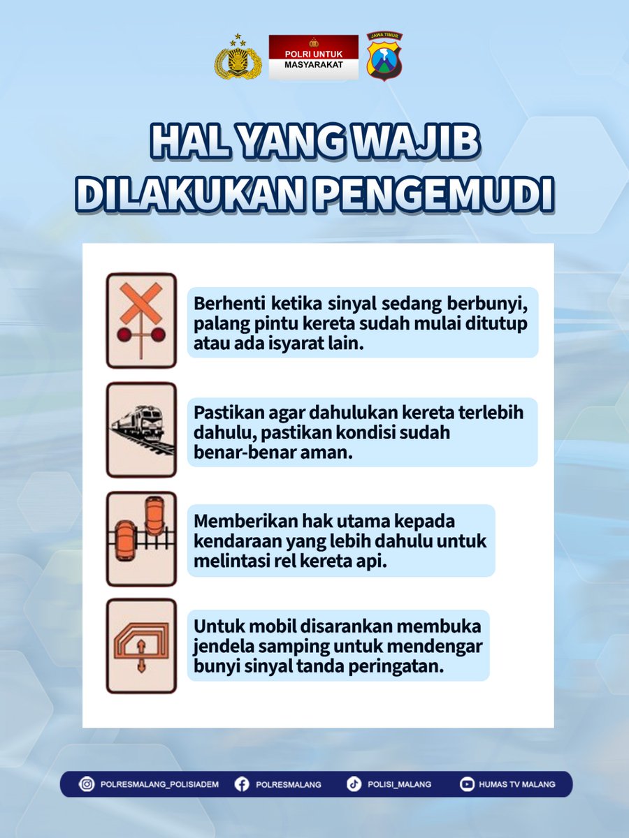 HumasResMlg's tweet photo. Demi keselamatan bersama, Dahulukan Perjalanan Kereta Api ya,
Karena Kelalaian sedikit saja dapat berakibat fatal
"Kereta datang tak bisa berhenti, maka berhentilah kamu demi keselamatan diri."
😊😊😊
#perlintasankeretaapi #polresmalang
#kapolresmalang https://t.co/OJX8sSSpv3