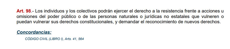 <a href="/CONAIE_Ecuador/">CONAIE</a> <a href="/Avispa_Midia/">Avispa Mídia</a> <a href="/radio_pichincha/">Radio Pichincha</a> <a href="/ecuainm_oficial/">Ecuadorinmediato</a> <a href="/BNPeriodismo/">BN</a> <a href="/revistacrisis2/">revistacrisis_ec</a> <a href="/DDHH_Alianza/">Alianza de Organizaciones por los Derechos Humanos</a> <a href="/CDHGYE/">CDH.GYE</a> <a href="/Cedhu/">Comisión Ecuménica de Derechos Humanos</a> <a href="/inredh1/">INREDH</a> <a href="/omasneEcuador/">OMASNE Ecuador</a> <a href="/Comunalisis/">Comunálisis</a> <a href="/GeoCriticaEc/">Geografía Crítica Ec</a> <a href="/AlbertoAcostaE/">Alberto Acosta</a> <a href="/LeonidasIzaEc/">Leonidas Iza Salazar</a> <a href="/MaryLawlorhrds/">Mary Lawlor UN Special Rapporteur HRDs</a> <a href="/DEFENSORIAEC/">Defensoría del Pueblo de Ecuador</a> <a href="/ONUecuador/">ONU Ecuador</a> <a href="/AmigosTierraEsp/">Amigas de la Tierra</a> <a href="/MujeresdFrente/">Mujeres de Frente</a> Le recordamos al Gobierno Nacional, a la Gobernación de Bolívar Ecuador y al Gobernador Andrés Pozo Melendez, abogado de profesión, que la resistencia es un derecho contemplado en el Art. 98 de la Constitución del Ecuador.