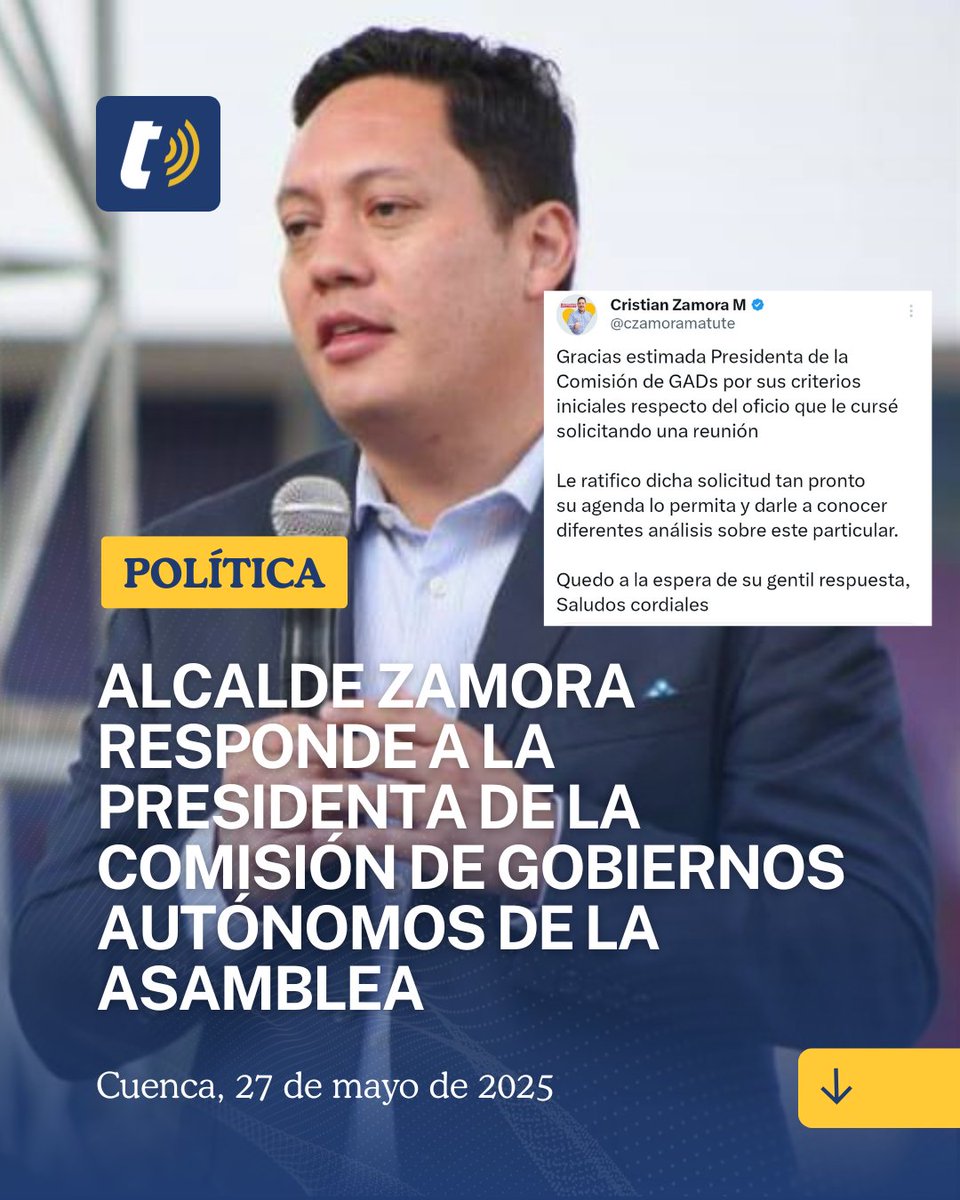 El alcalde Cristian Zamora respondió a la presidenta de la Comisión de Gobiernos Autónomos de la Asamblea Nacional, con la solicitud de una reunión para tratar temas referentes a la regulación de los lotes mínimos y a la actualización de los planes territoriales.