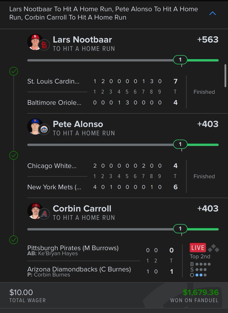 ZBetsOfficial's tweet photo. $10 ➝ $1,679.36.
Nootbaar ✅ Alonso ✅ Carroll ✅
+16693. HR trinity complete. Zeus is smiling tonight.
#ZeusBets #HittersOnly #HRParlay https://t.co/EPxWIgyVNS